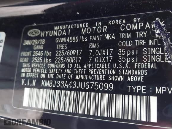 2018 Hyundai Tucson SEL z VIN KM8J33A43JU675099, wystawiony jako IAAI lot #42525066 z przebiegiem 130 289 mil mil oraz . Historia ofert i sprzedaży dostępna na DreamBid. Obrazek 9.