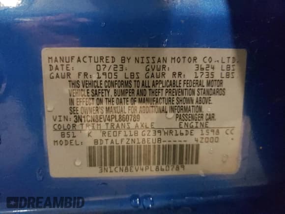 ✅ 2023 Nissan Versa SV • VIN: 3N1CN8EV4PL860789 • Lot: 57871625. Wystawiony na Copart z przebiegiem 53 008 mil. Bezpłatny archiwum sprzedaży aukcyjnych z USA i szczegółowy raport historii pojazdu na DreamBid. Zdjęcie 13.