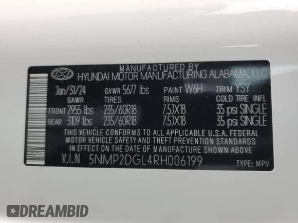 2024 Hyundai Santa Fe SEL с VIN 5NMP2DGL4RH006199, выставлен на аукционе Copart как лот 44411685 с пробегом 13 626 миль миль и Списание • Salvage title. История ставок и продаж доступна на DreamBid. Изображение 13.