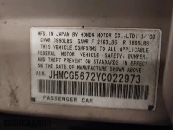 ✅ 2000 Honda Accord SE • VIN: JHMCG5672YC022973 • Lot: 42383351. Listed on IAAI with 280,143 mi. Free auction sales archive from the USA and detailed vehicle history report at DreamBid. Image 9.