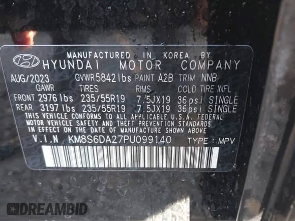 2023 Hyundai Santa Fe SEL Convenience with VIN KM8S6DA27PU099140, listed as a IAAI auction lot 43566468 with 42,090 mi miles and . Bid and sale history available at DreamBid. Image 9.