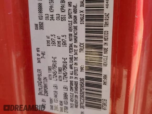 ✅ 2002 Dodge 2500 • VIN: 3B7KC23692M205036 • Lot: 81846495. Wystawiony na Copart z przebiegiem 460 603 mil. Bezpłatny archiwum sprzedaży aukcyjnych z USA i szczegółowy raport historii pojazdu na DreamBid. Zdjęcie 12.
