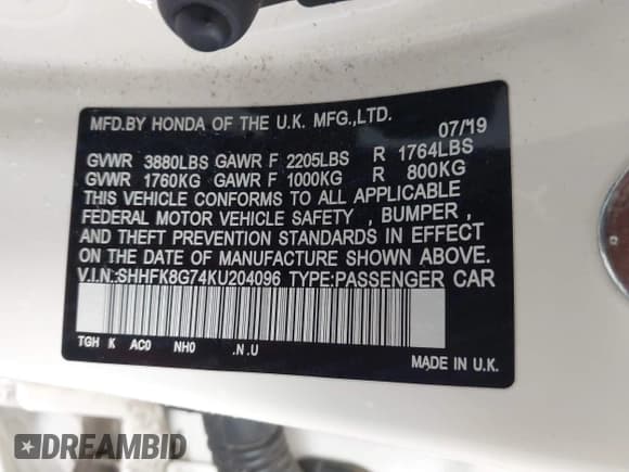 ✅ 2019 Honda Civic Type R Touring • VIN: SHHFK8G74KU204096 • Lot: 43432729. Listed on IAAI with 137,795 mi. Free auction sales archive from the USA and detailed vehicle history report at DreamBid. Image 9.