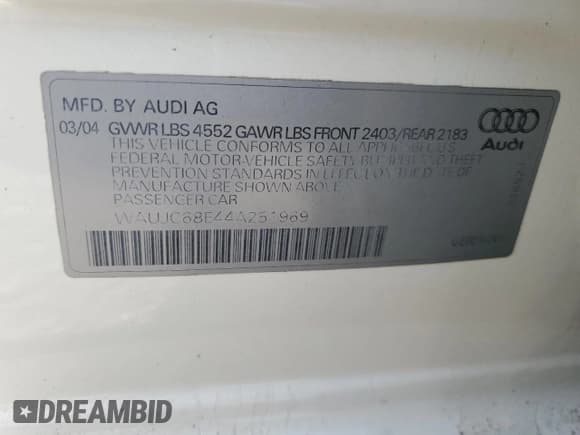 ✅ 2004 Audi A4 1.8T • VIN: WAUJC68E44A251969 • Лот: 83462074. Опубликован ранее на Copart с пробегом 75 854 миль. Бесплатный доступ к архиву аукционных продаж из США и подробный отчёт об истории автомобиля на DreamBid. Изображение 12.