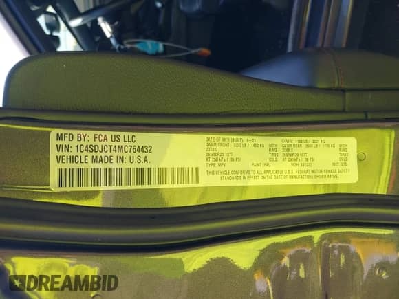 2021 Dodge Durango R/T with VIN 1C4SDJCT4MC764432, listed as a IAAI auction lot 42448672 with 48,756 mi miles and . Bid and sale history available at DreamBid. Image 9.