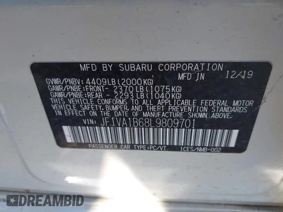 ✅ 2020 Subaru WRX Premium • VIN: JF1VA1B68L9809701 • Lot: 43120526. Listed on IAAI with 25,678 mi. Free auction sales archive from the USA and detailed vehicle history report at DreamBid. Image 9.