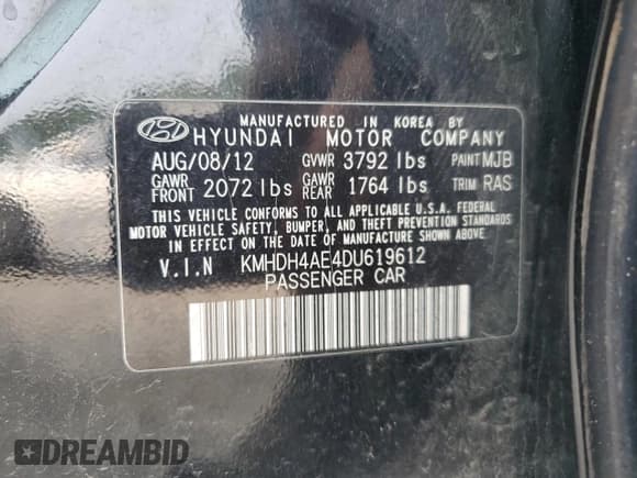 ✅ 2013 Hyundai Elantra Limited • VIN: KMHDH4AE4DU619612 • Lot: 67290295. Listed on Copart with 205,635 mi. Free auction sales archive from the USA and detailed vehicle history report at DreamBid. Image 12.