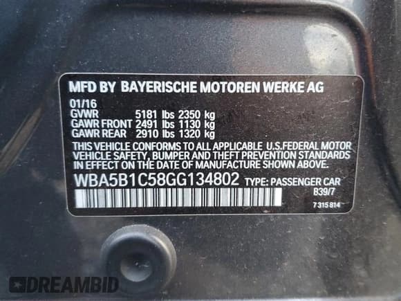 ✅ 2016 BMW 5 Series 535i • VIN: WBA5B1C58GG134802 • Lot: 91052665. Listed on Copart with 85,510 mi. Free auction sales archive from the USA and detailed vehicle history report at DreamBid. Image 13.