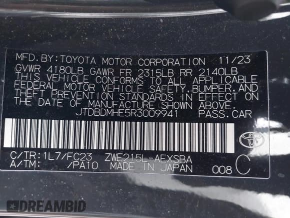 ✅ 2024 Toyota Corolla Hybrid LE • VIN: JTDBDMHE5R3009941 • Lot: 41569284. Listed on IAAI with 13,551 mi. Free auction sales archive from the USA and detailed vehicle history report at DreamBid. Image 9.