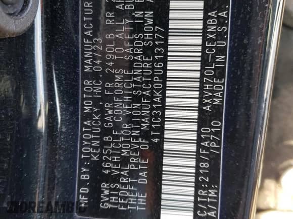 2023 Toyota Camry Hybrid LE с VIN 4T1C31AK0PU613177, выставлен на аукционе Copart как лот 80529755 с пробегом 45 979 миль миль и Списание • Salvage title. История ставок и продаж доступна на DreamBid. Изображение 12.