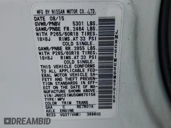 ✅ 2016 Infiniti QX70 • VIN: JN8CS1MU5GM670158 • Lot: 71208415. Listed on Copart with 128,324 mi. Free auction sales archive from the USA and detailed vehicle history report at DreamBid. Image 13.