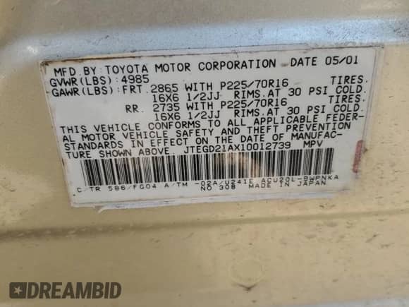 2001 Toyota Highlander с VIN JTEGD21AX10012739, выставлен на аукционе Copart как лот 81679264 с пробегом 307 864 миль миль и Списание • Salvage title. История ставок и продаж доступна на DreamBid. Изображение 16.