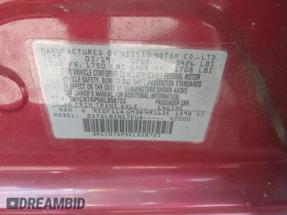 ✅ 2019 Nissan Versa SV • VIN: 3N1CN7AP5KL858723 • Lot: 43663406. Listed on IAAI with 135,371 mi. Free auction sales archive from the USA and detailed vehicle history report at DreamBid. Image 9.