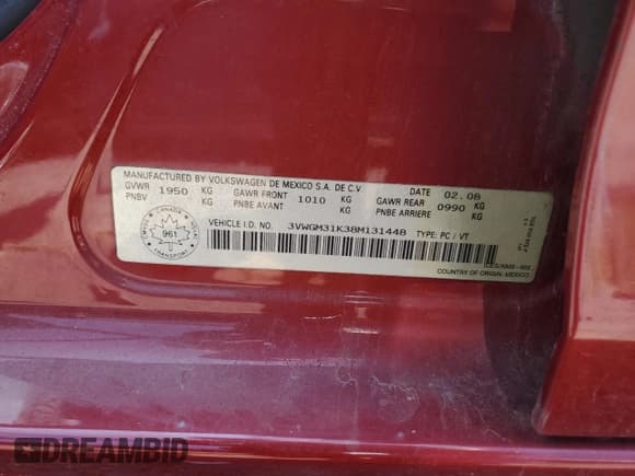 ✅ 2008 Volkswagen Jetta • VIN: 3VWGM31K38M131448 • Lot: 67522325. Listed on Copart with Not provided. Free auction sales archive from the USA and detailed vehicle history report at DreamBid. Image 13.