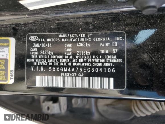 ✅ 2014 Kia Optima LX • VIN: 5XXGM4A76EG304106 • Lot: 93311535. Listed on Copart with 232,879 mi. Free auction sales archive from the USA and detailed vehicle history report at DreamBid. Image 13.