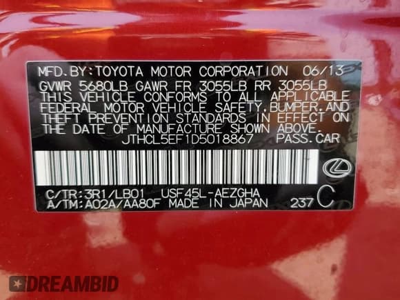 ✅ 2013 Lexus LS 460 • VIN: JTHCL5EF1D5018867 • Lot: 59937505. Listed on Copart with 116,447 mi. Free auction sales archive from the USA and detailed vehicle history report at DreamBid. Image 12.