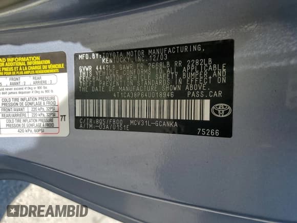 ✅ 2004 Toyota Solara SE • VIN: 4T1CA38P64U018946 • Lot: 71001555. Listed on Copart with 154,503 mi. Free auction sales archive from the USA and detailed vehicle history report at DreamBid. Image 12.