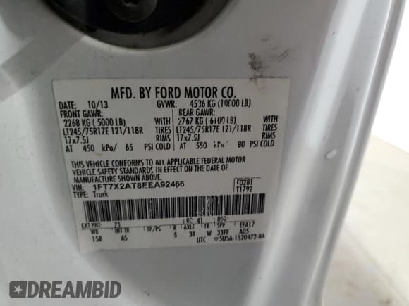 ✅ 2014 Ford F-250 XL • VIN: 1FT7X2AT8EEA92466 • Lot: 73550934. Listed on Copart with 119,286 mi. Free auction sales archive from the USA and detailed vehicle history report at DreamBid. Image 12.