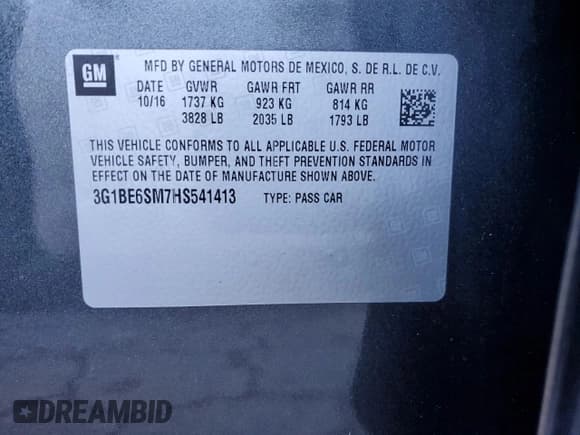 ✅ 2017 Chevrolet Cruze LT • VIN: 3G1BE6SM7HS541413 • Lot: 66744532. Listed on Copart with 74,362 mi. Free auction sales archive from the USA and detailed vehicle history report at DreamBid. Image 13.