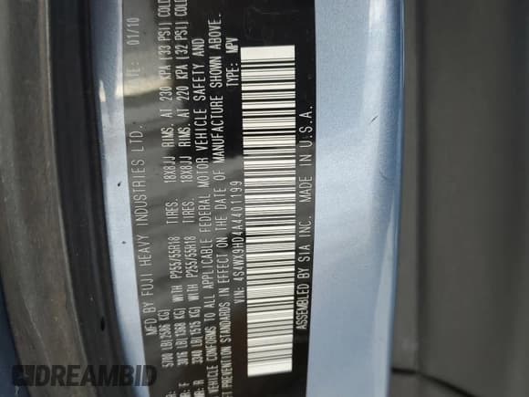 ✅ 2010 Subaru Tribeca Limited • VIN: 4S4WX9HD4A4401199 • Lot: 43945185. Listed on Copart with 163,266 mi. Free auction sales archive from the USA and detailed vehicle history report at DreamBid. Image 12.