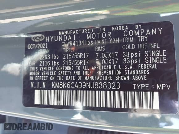 2022 Hyundai Kona SEL with VIN KM8K6CAB9NU838323, listed as a IAAI auction lot 43528116 with 27,859 mi miles and . Bid and sale history available at DreamBid. Image 9.