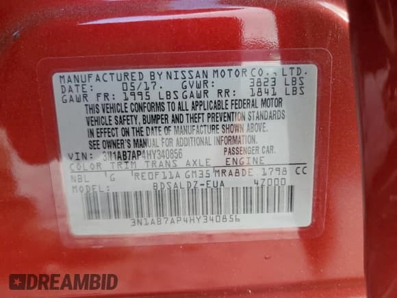 ✅ 2017 Nissan Sentra S • VIN: 3N1AB7AP4HY340856 • Lot: 87216285. Listed on Copart with 64,605 mi. Free auction sales archive from the USA and detailed vehicle history report at DreamBid. Image 13.