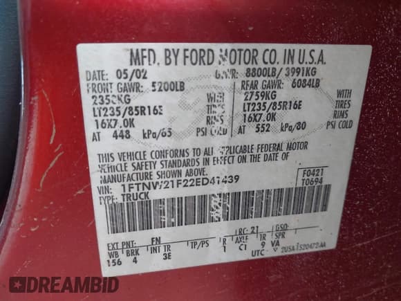 ✅ 2002 Ford F-250 XL • VIN: 1FTNW21F22ED41439 • Lot: 42834191. Wystawiony na IAAI z przebiegiem 389 146 mil. Bezpłatny archiwum sprzedaży aukcyjnych z USA i szczegółowy raport historii pojazdu na DreamBid. Zdjęcie 9.