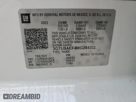 ✅ 2021 GMC Sierra 1500 • VIN: 3GTU9AEF4MG284311 • Lot: 71304904. Wystawiony na Copart z przebiegiem Nie podano. Bezpłatny archiwum sprzedaży aukcyjnych z USA i szczegółowy raport historii pojazdu na DreamBid. Zdjęcie 14.