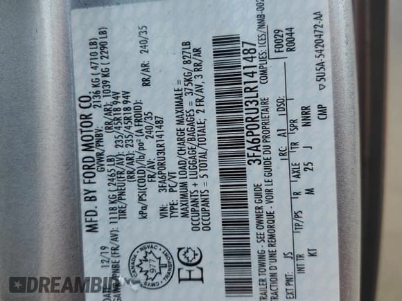 ✅ 2020 Ford Fusion Titanium • VIN: 3FA6P0RU3LR141487 • Lot: 71906835. Listed on Copart with 67,307 mi. Free auction sales archive from the USA and detailed vehicle history report at DreamBid. Image 12.