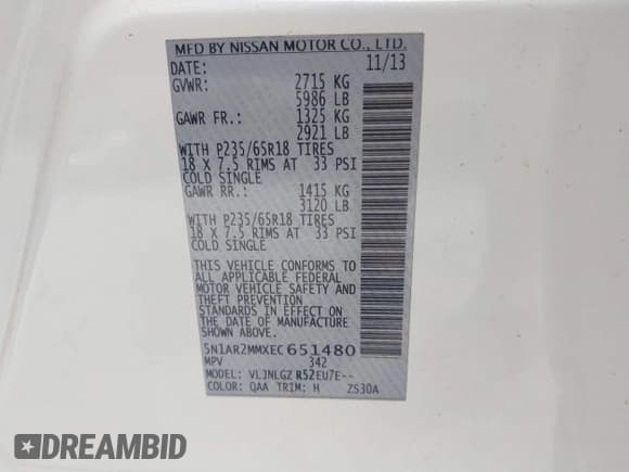 ✅ 2014 Nissan Pathfinder SV • VIN: 5N1AR2MMXEC651480 • Lot: 42420736. Listed on IAAI with 165,647 mi. Free auction sales archive from the USA and detailed vehicle history report at DreamBid. Image 9.