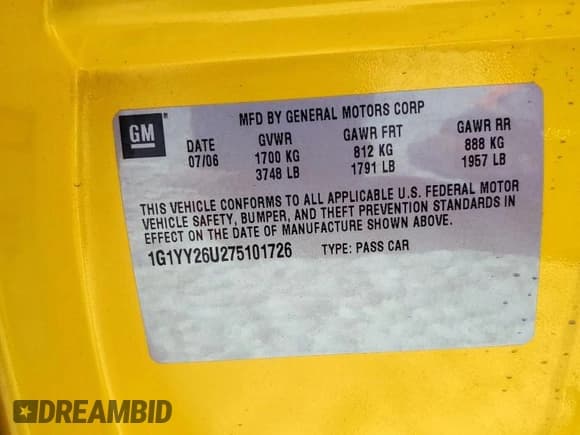 ✅ 2007 Chevrolet Corvette • VIN: 1G1YY26U275101726 • Lot: 85092155. Listed on Copart with 105,118 mi. Free auction sales archive from the USA and detailed vehicle history report at DreamBid. Image 12.