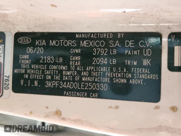 ✅ 2020 Kia Forte GT-Line • VIN: 3KPF34AD0LE250330 • Lot: 59024635. Wystawiony na Copart z przebiegiem 97 242 mil. Bezpłatny archiwum sprzedaży aukcyjnych z USA i szczegółowy raport historii pojazdu na DreamBid. Zdjęcie 12.