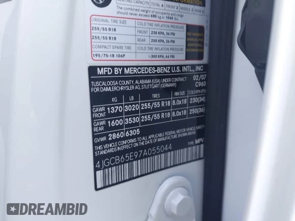 ✅ 2007 Mercedes-Benz R 3.5L • VIN: 4JGCB65E97A055044 • Lot: 43819922. Listed on IAAI with 75,290 mi. Free auction sales archive from the USA and detailed vehicle history report at DreamBid. Image 9.