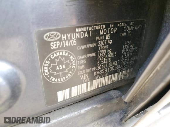 ✅ 2006 Hyundai Santa Fe • VIN: KM8SB13D56U067150 • Lot: 72036105. Listed on Copart with Not provided. Free auction sales archive from the USA and detailed vehicle history report at DreamBid. Image 13.