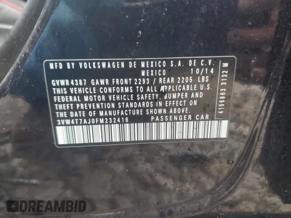 ✅ 2015 Volkswagen Jetta GLI SE • VIN: 3VW4T7AJ0FM232416 • Lot: 47799015. Listed on Copart with 137,400 mi. Free auction sales archive from the USA and detailed vehicle history report at DreamBid. Image 12.