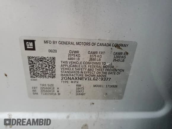 ✅ 2020 Chevrolet Equinox Premier • VIN: 2GNAXNEV1L6249377 • Lot: 83957145. Wystawiony na Copart z przebiegiem 171 156 mil. Bezpłatny archiwum sprzedaży aukcyjnych z USA i szczegółowy raport historii pojazdu na DreamBid. Zdjęcie 13.