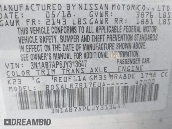 ✅ 2018 Nissan Sentra S • VIN: 3N1AB7AP6JY313647 • Lot: 43786133. Wystawiony na IAAI z przebiegiem 135 065 mil. Bezpłatny archiwum sprzedaży aukcyjnych z USA i szczegółowy raport historii pojazdu na DreamBid. Zdjęcie 9.