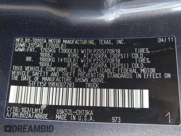 ✅ 2011 Toyota Tundra SR • VIN: 5TFTY5F19BX007283 • Лот: 43293941. Опубликован ранее на IAAI с пробегом 381 898 миль. Бесплатный доступ к архиву аукционных продаж из США и подробный отчёт об истории автомобиля на DreamBid. Изображение 9.