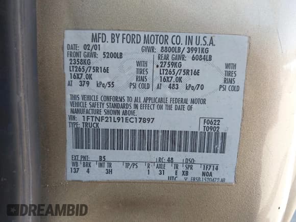 ✅ 2001 Ford F-250 XL • VIN: 1FTNF21L91EC17897 • Lot: 42216133. Listed on IAAI with 220,682 mi. Free auction sales archive from the USA and detailed vehicle history report at DreamBid. Image 9.