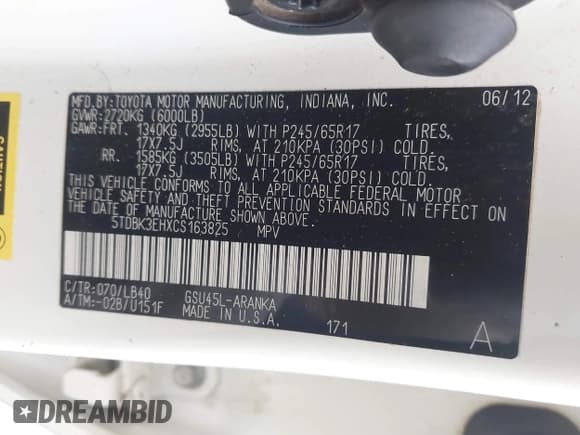 ✅ 2012 Toyota Highlander SE • VIN: 5TDBK3EHXCS163825 • Lot: 43535455. Listed on IAAI with 92,733 mi. Free auction sales archive from the USA and detailed vehicle history report at DreamBid. Image 9.