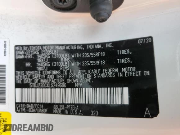 ✅ 2020 Toyota Sienna LE • VIN: 5TDJZ3DCXLS249696 • Lot: 64382785. Listed on Copart with 99,530 mi. Free auction sales archive from the USA and detailed vehicle history report at DreamBid. Image 13.