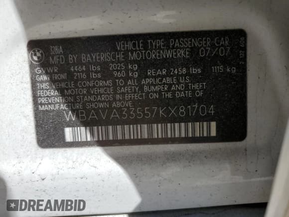 ✅ 2007 BMW 3 Series 328i • VIN: WBAVA33557KX81704 • Lot: 48431905. Listed on Copart with 158,306 mi. Free auction sales archive from the USA and detailed vehicle history report at DreamBid. Image 12.