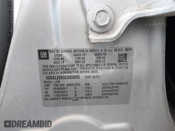 ✅ 2014 Chevrolet Captiva Sport LS • VIN: 3GNAL2EK0ES666655 • Lot: 43478280. Listed on IAAI with Not provided. Free auction sales archive from the USA and detailed vehicle history report at DreamBid. Image 9.