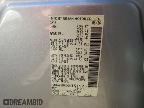 ✅ 2016 Nissan Murano S • VIN: 5N1AZ2MH6GN151925 • Lot: 92642545. Listed on Copart with 53,326 mi. Free auction sales archive from the USA and detailed vehicle history report at DreamBid. Image 13.