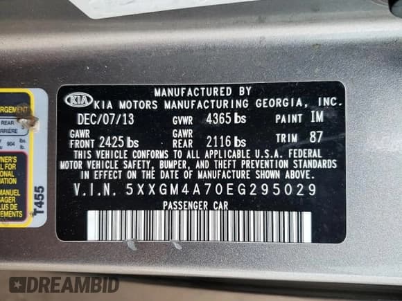 ✅ 2014 Kia Optima LX • VIN: 5XXGM4A70EG295029 • Lot: 90610895. Listed on Copart with 146,971 mi. Free auction sales archive from the USA and detailed vehicle history report at DreamBid. Image 12.