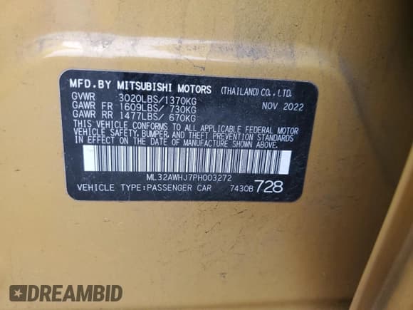 ✅ 2023 Mitsubishi Mirage Black Edition • VIN: ML32AWHJ7PH003272 • Lot: 52602675. Listed on Copart with 26,712 mi. Free auction sales archive from the USA and detailed vehicle history report at DreamBid. Image 12.