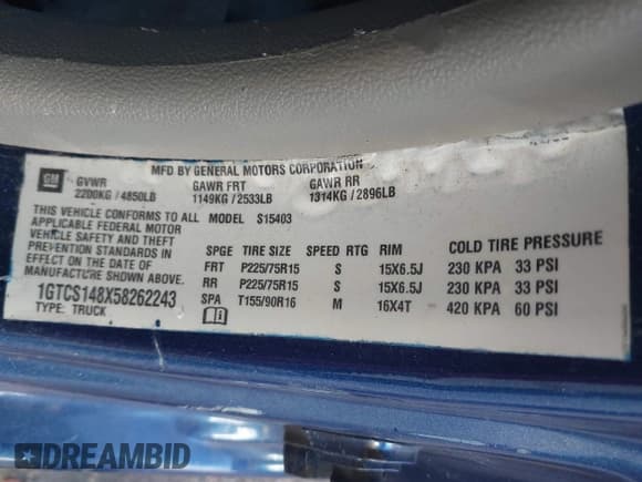 ✅ 2005 GMC Canyon SL Z85 • VIN: 1GTCS148X58262243 • Lot: 41400130. Listed on IAAI with 225,615 mi. Free auction sales archive from the USA and detailed vehicle history report at DreamBid. Image 9.