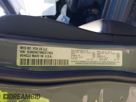 ✅ 2022 Dodge Durango R/T • VIN: 1C4SDHCT9NC217926 • Lot: 42145879. Wystawiony na IAAI z przebiegiem Nie podano. Bezpłatny archiwum sprzedaży aukcyjnych z USA i szczegółowy raport historii pojazdu na DreamBid. Zdjęcie 9.