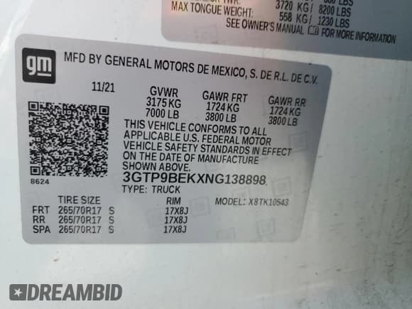 ✅ 2022 GMC Sierra 1500 SLE • VIN: 3GTP9BEKXNG138898 • Lot: 61992965. Listed on Copart with 31,904 mi. Free auction sales archive from the USA and detailed vehicle history report at DreamBid. Image 12.