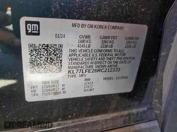 2024 Chevrolet Trax LS с VIN KL77LFE26RC212333, выставлен на аукционе Copart как лот 81434965 с пробегом 21 022 миль миль и Списание • Salvage title. История ставок и продаж доступна на DreamBid. Изображение 14.